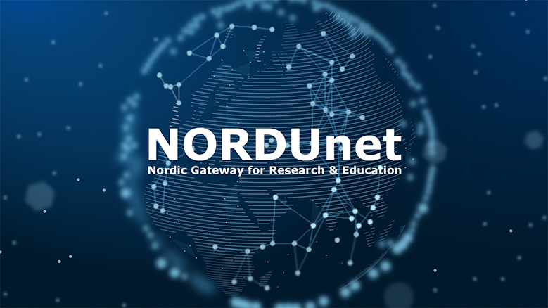 A digital globe with connecting lines and dots on a blue background, featuring the text NORDUnet: Nordic Gateway for Research & Education in large white letters across the center.