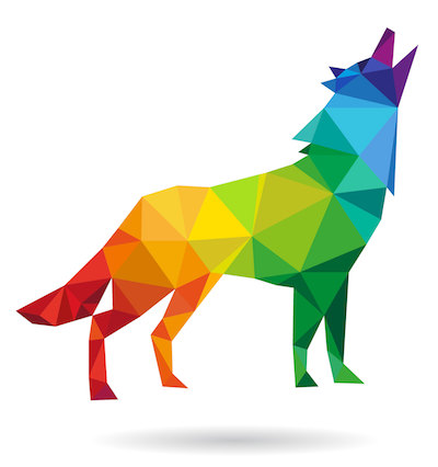 A geometric, multi-colored wolf standing and howling. The wolf is composed of various polygons in vibrant hues of red, orange, yellow, green, blue, and purple.