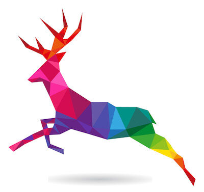 A vibrantly colored geometric illustration of a leaping deer.