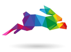 A colorful geometric illustration of a rabbit, composed of vibrant colors including blue, green, red, purple, and orange.