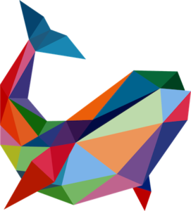 A colorful geometric illustration of a whale, composed of various shapes and vibrant colors including blue, green, red, purple, and orange.