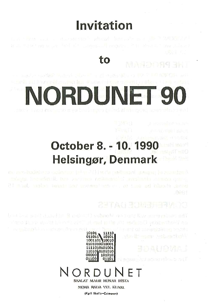 A flyer titled "Invitation to NORDUNET 90," for an event on October 8-10, 1990, in Helsingør, Denmark.