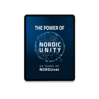 The Power of Nordic Unity - 40 Years of NORDUnet book cover displayed on a tablet.